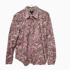 CHAPS Womens Button Up Shirt, XL Pink Black Paisley Long Sleeves 100% Cotton